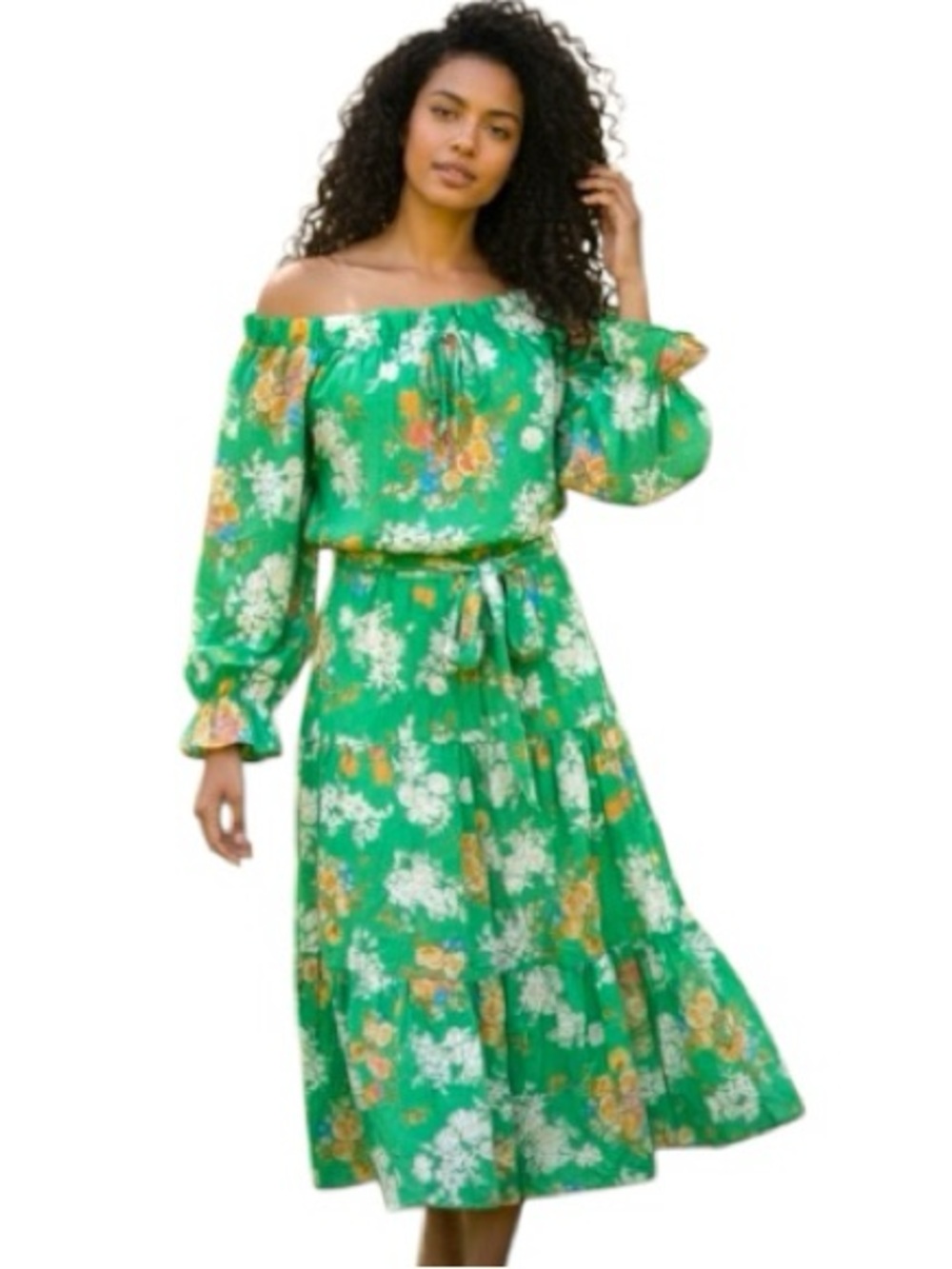 VTG 70's Green Floral Midi Dress Sz 9 Off Shoulder Ruffle Tired Belted Boho